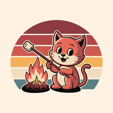 Cute Cat Campfire &ndash; Retro Sunset Marshmallow Roasting