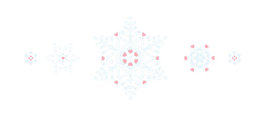 Intricate isolated snowflake illustration with heart shapes. 