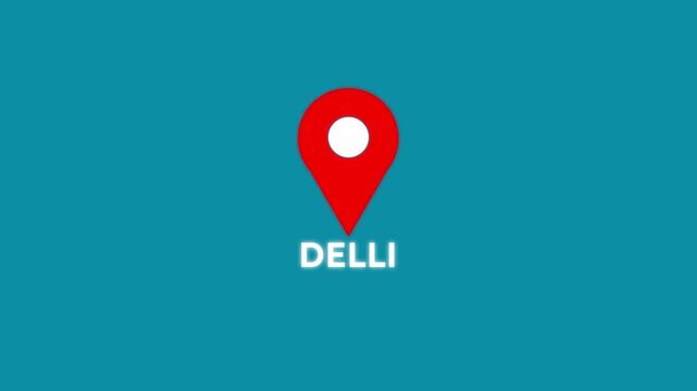 Location of the city of Delli ,The name of the place with the location has been displayed, sign animated on black background. GPS location tracking icon .