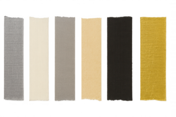 Fabric swatches collection showing textile materials in various neutral and yellow colors with transparent background
