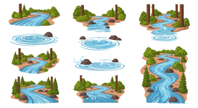 Set of cartoon river and stream illustrations with natural landscape elements like trees and rocks.