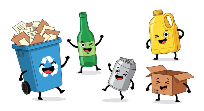 Cheerful Cartoon Recycling Bin and Various Recyclable Items.