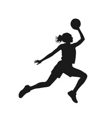 Dynamic silhouette of a female basketball player in mid air about to shoot a basketball silhouette