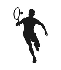 Dynamic silhouette of a male tennis player in action hitting a forehand stroke with a tennis ball in mid air