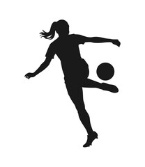 Dynamic silhouette of a female soccer player kicking a ball in motion silhouette