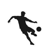 Dynamic silhouette of a soccer player kicking a ball in motion against a white background