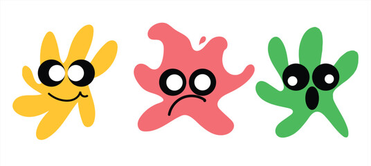 Cute abstract blob character set with funny faces — colorful doodle emotion splashes for kids design and stickers 
