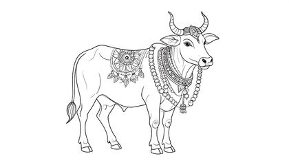 Fototapeta premium Detailed Line Art of a Decorated Cow - A Sacred Animal Illustration.