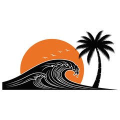 Tropical coconut tree and beach resort logo design for summer-themed branding