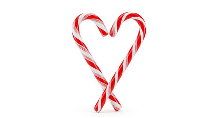 Two red and white striped candy canes form a heart shape on a white background