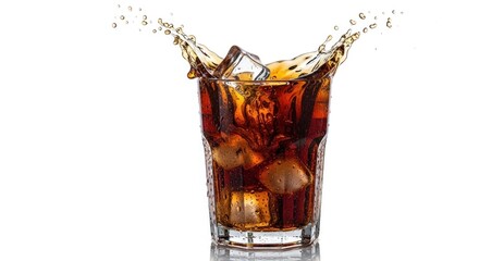 A glass of cola with ice cubes and splashes on a white background.