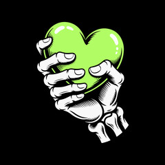 skeleton hands folded in a red heart, heart gesture, black and white line drawing vector.