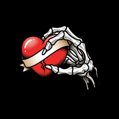 skeleton hands folded in a red heart, heart gesture, black and white line drawing vector.
