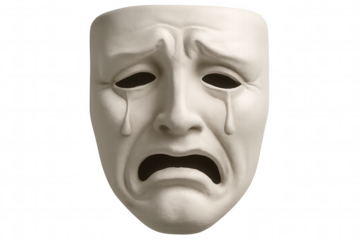 White theatrical tragedy mask representing sadness and grief with tears, expressing painful emotions and drama, alpha channel