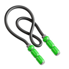 A close up of a gray jump rope with bright green handles coiled against a black background studio shot