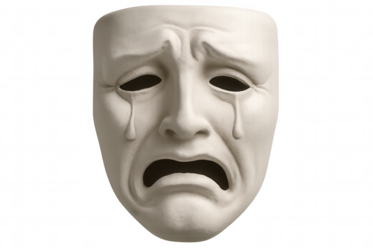 White theatrical tragedy mask representing sadness and grief with tears, expressing painful emotions and drama, alpha channel