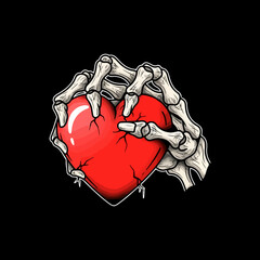 skeleton hands folded in a red heart, heart gesture, black and white line drawing vector.