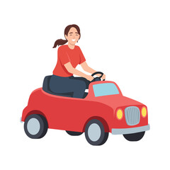 Cheerful Woman Driving a Small Red Toy Car. Flat vector illustration isolated on white background