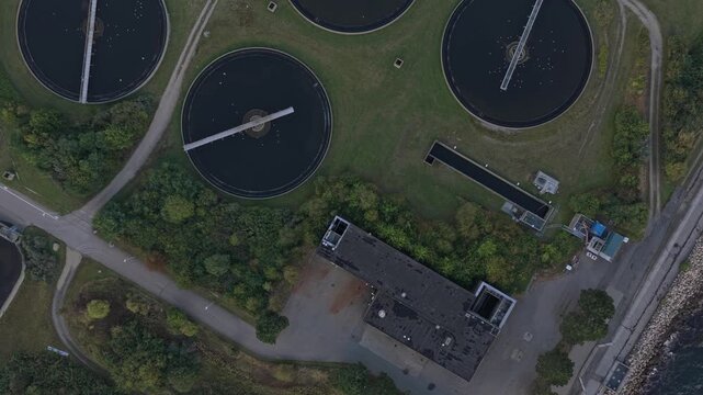 Overhead aerial of Denmark water reclamation plant, industrial layout.
