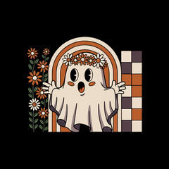 design features a cartoon ghost with a surprised expression, wearing a floral crown. 