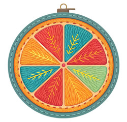 Whimsical embroidered citrus fruit slice design for creative craft projects, adding a colorful touch to your home decor with unique handmade art