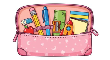 Adorable pink pencil case filled with stationery items and creative tools, suitable for school or