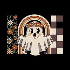design features a cartoon ghost with a surprised expression, wearing a floral crown. 