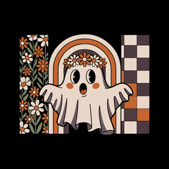 design features a cartoon ghost with a surprised expression, wearing a floral crown. 