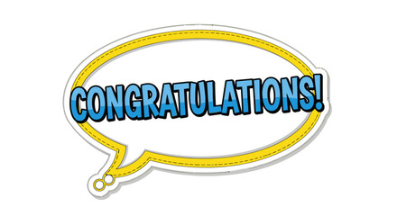 Animated congratulations speech bubble with yellow trim on a clean white backdrop
