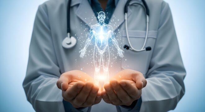 Doctor Holding Holographic Body, Medical Professional Displaying Advanced Diagnostics and Analysis