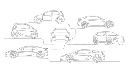 Obraz premium Continuous line drawing of various car models illustrating automotive design evolution