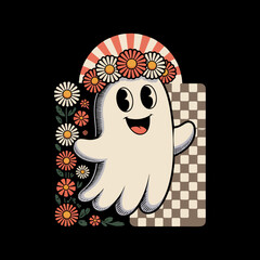 design features a cartoon ghost with a surprised expression, wearing a floral crown. 