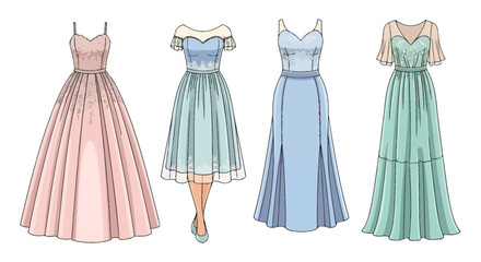 Obraz premium Elegant selection of formal dresses in pastel tones perfect for special occasions or fashion design