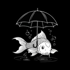 black and white illustration of a fish holding an umbrella while standing in water. It is a vector illustration often used for stock photos, t-shirt designs, or other graphic art