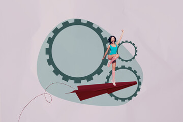 3d pop image zine art collage of happy businesswoman businessman run gearwheel paper plane target development career promoting