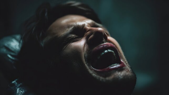Close up of a man s face screaming in intense pain and distress