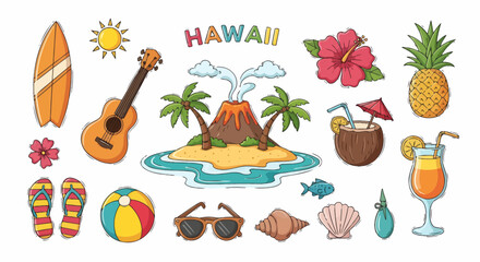 Vibrant Hawaiian Island Vacation Clipart Collection with Tropical Elements and Playful Design