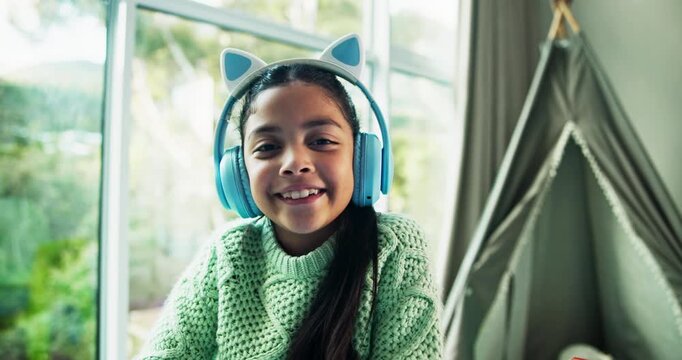 Video call, face and elearning with child in home for education, studying webinar and online lesson. Streaming, homeschool and headphones with student in apartment for virtual class POV and talking