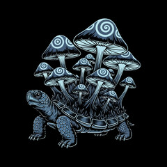 a black and white illustration of a turtle with a cluster of mushrooms growing on its shell. This type of imagery is often used in tattoos, apparel, and as phone wallpapers