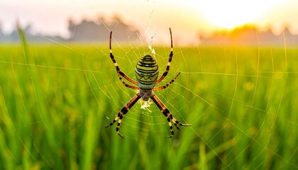 Obraz premium A close-up view captures a vibrant yellow and black striped arachnid centered in its web against a blurred field and sunrise