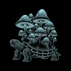  a black and white illustration of a turtle with a cluster of mushrooms growing on its shell. This type of imagery is often used in tattoos, apparel, and as phone wallpapers