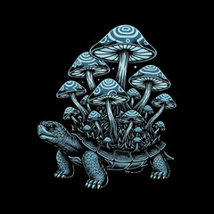  a black and white illustration of a turtle with a cluster of mushrooms growing on its shell. This type of imagery is often used in tattoos, apparel, and as phone wallpapers