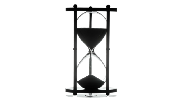 Silhouette hourglass showing flowing sand. Time passing concept, black background