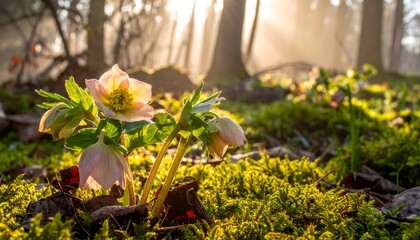 A flower blossoms in a forest floor of green moss, sunlight streams through the trees