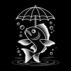 black and white illustration of a fish holding an umbrella while standing in water. It is a vector illustration often used for stock photos, t-shirt designs, or other graphic art