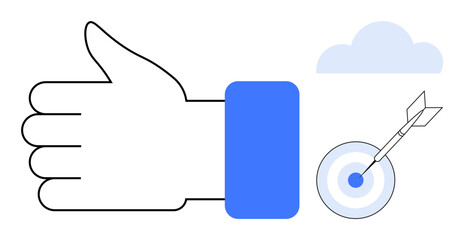 Thumbs-up hand with dart hitting a bullseye and a cloud. Ideal for success, achievement, approval, goals, motivation, productivity, business strategy. A simple flat metaphor