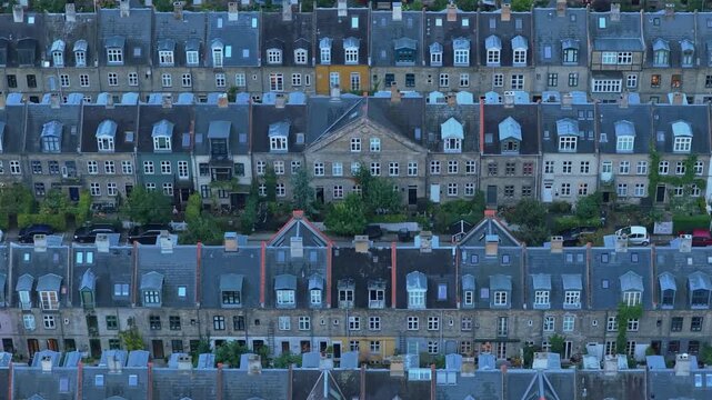 Aerial drone of Kartoffelraekkerne, Copenhagen rows of classic townhouses.