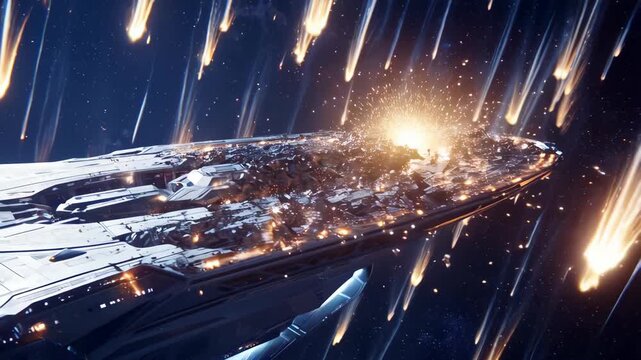 Futuristic spaceship flies through field of glowing meteors. asteroid storm causes serious damage to spacecraft,. Explosions and sparks will cause ship to crash. Starship escaping asteroids. concept.