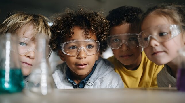 Four young children wearing safety goggles intently observe a science experiment with colorful liquids in beakers