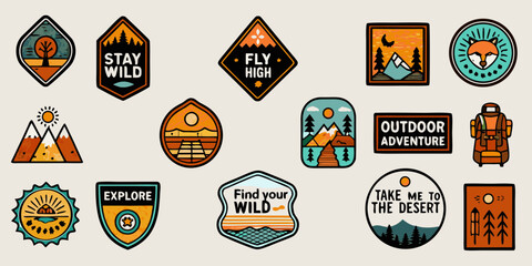Collection of hand drawn outdoor adventure patches and stickers with nature motifs and inspirational quotes